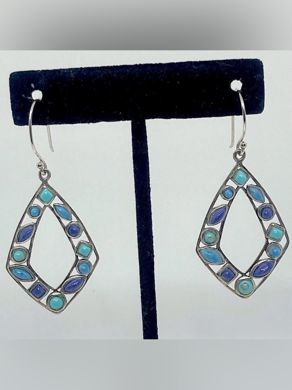 Vtg 925 Sterling Silver & Multi Colour Blue Turqouise Dangle Earrings | 2.2” - Picture 1 of 13